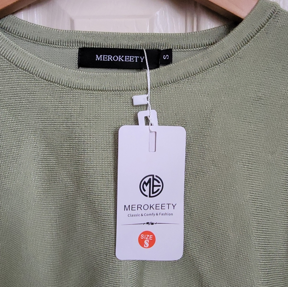 🌿Merokeety Cropped Long Sleeve Crew Neck Top-Size Small, Olive Green